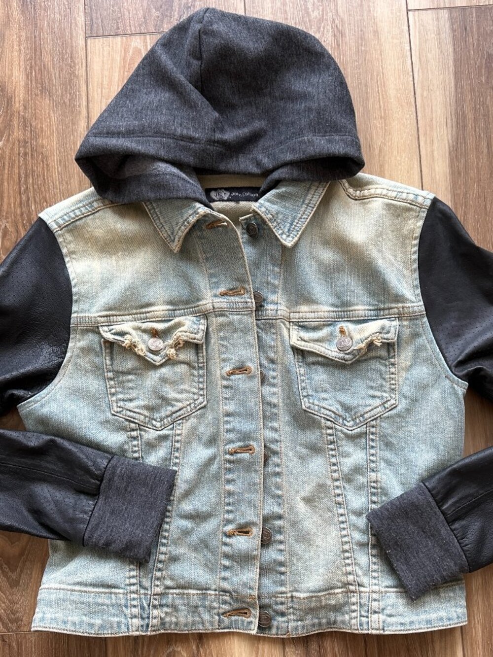 JET by John Eshaya Hooded Leather Sleeved Denim Jacket M/L